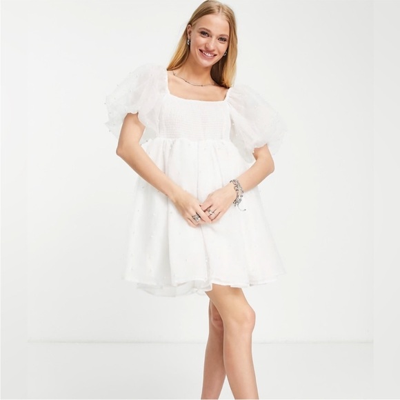 Sister Jane Dream Penny Pearl Mini Dress NWT XS Bridal White Puff Sleeve - Picture 1 of 4